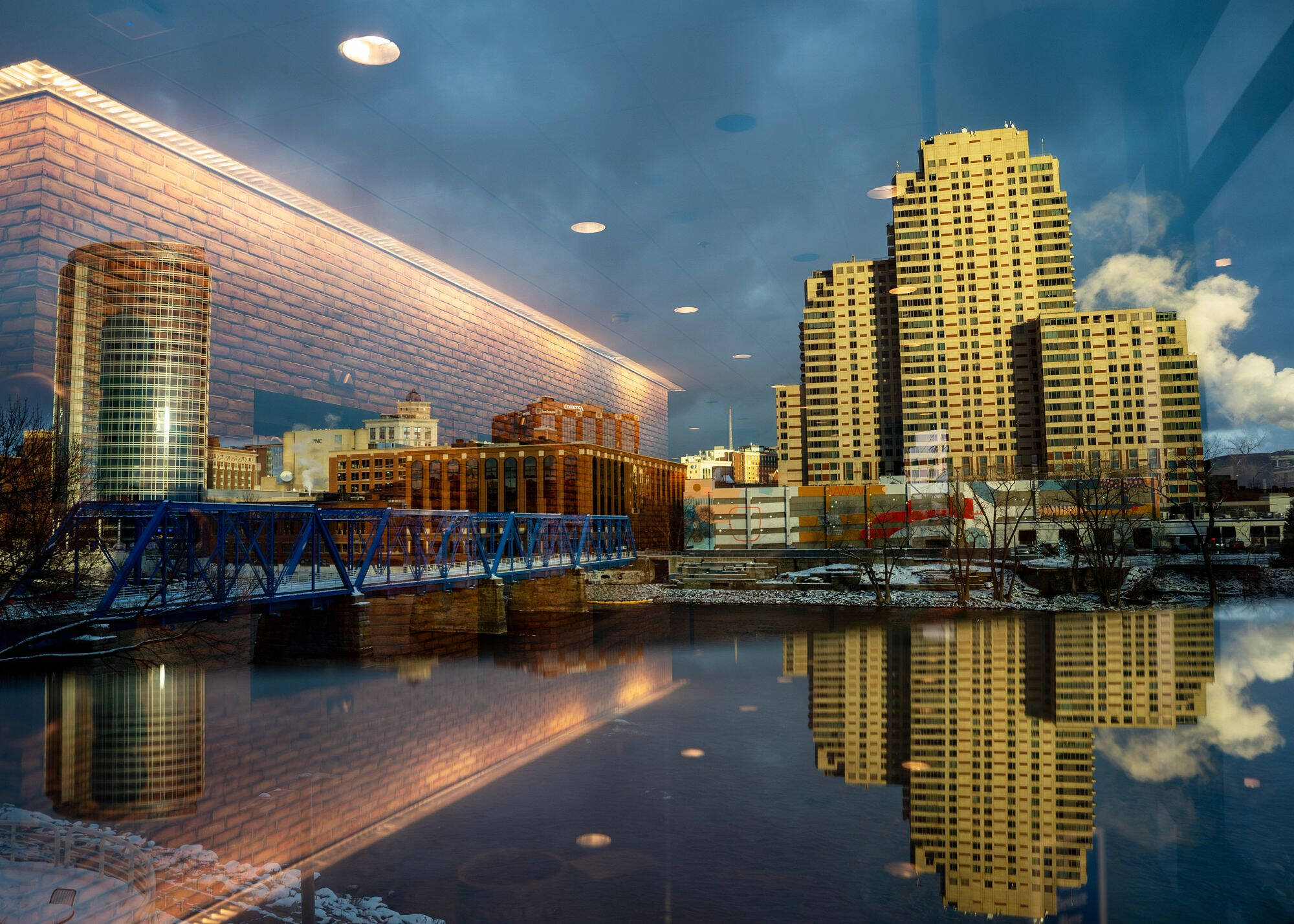 Downtown Grand Rapids with the blue bridge and river.